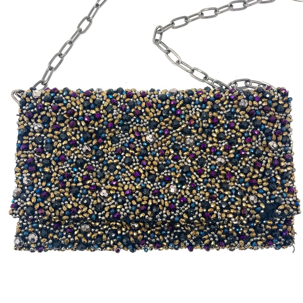 Free People Multicolor Black Beaded Evening Clutch Purse w/ Gunmetal Chain Strap